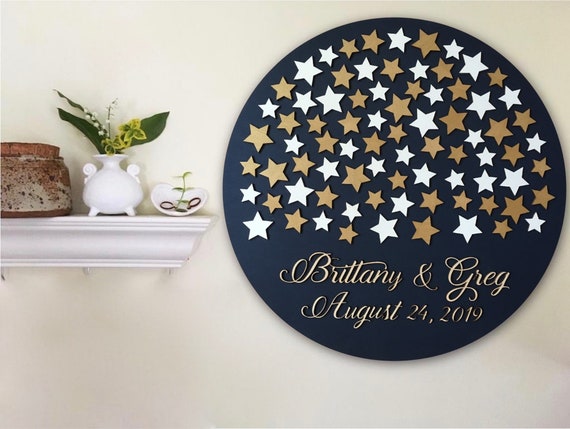 Stars guest book round 3D wood personalized guest book alternative with stars in custom colors, wedding keepsake for home decor Il_570xn