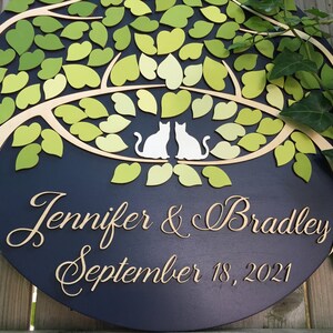 Cats guest book alternative round 3D wood sign with personalized names and date and fresh green ombre leaves, unique custom cats guestbook image 5