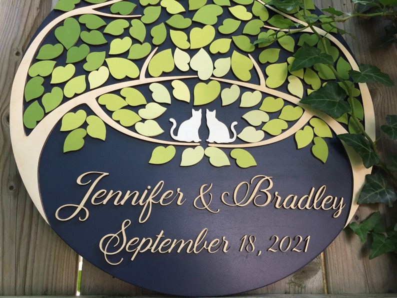 Cats guest book alternative round 3D wood sign with personalized names and date and fresh green ombre leaves, unique custom cats guestbook image 5