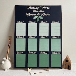 Könnte beinhalten: Eine marineblaue Sitzordnung mit dem Text "Seating Chart Head Table Yvonne & Robert". Sie hat 12 Tischkarten in Grüntönen. Ein Holzhaus und eine kleine weiße Vase mit einem Pinsel befinden sich an den Seiten.