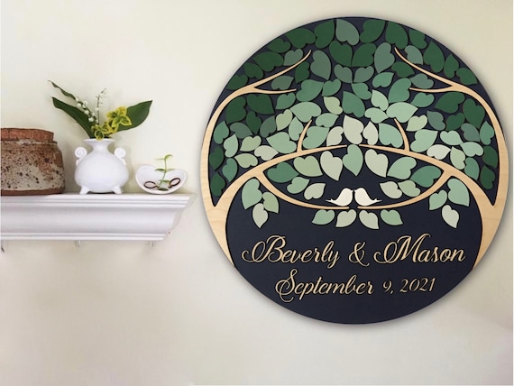 Guest book alternative round 3D wood sign with personalized names and date and green ombre leaves, unique custom guestbook wall decor Il_570xn