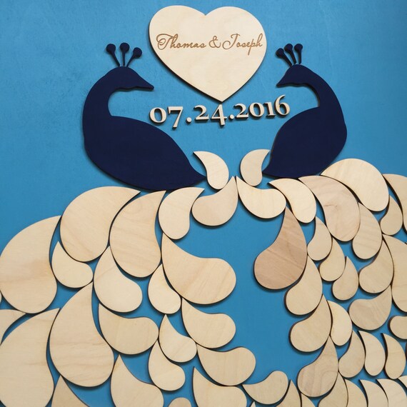 3D Wood guest books alternative for peacock themed wedding in custom colors and personalized details Il_570xn