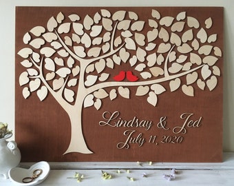 Unique guest book alternative made in 3d wood with tree and hearts for fall wedding, rustic or country wedding decor or wedding anniversary