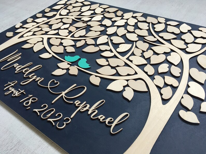 Guest book alternative tree of life personalized with names, date and wedding colors made in 3D wood image 4