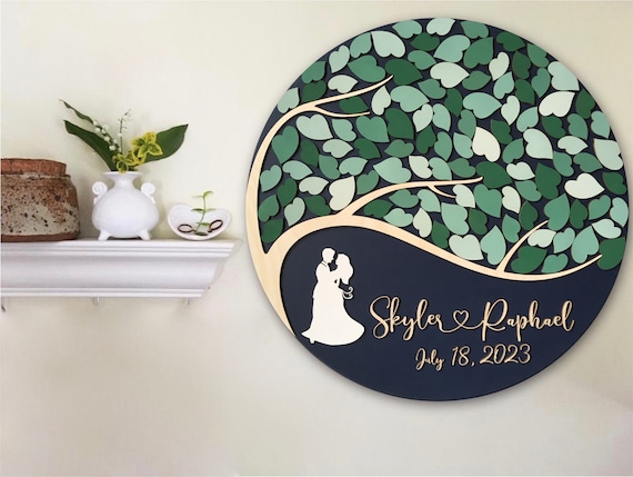 Green sage green guest book alternative for wedding or anniversary made with one tree, dancing couple and heart between names Il_570xn