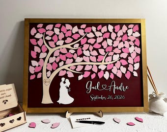 Magnetic Wedding Guest Book Alternative: 3D Wood Pink Tree, Personalized Anniversary Keepsake Optional Frame
