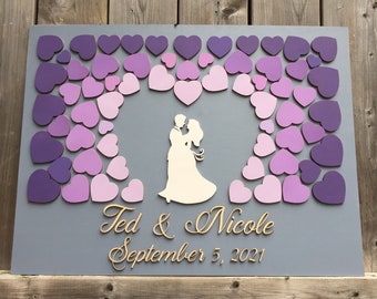 3D wood wedding guest book alternative unique wedding sign in with couple embracing and purple, lavender, violet ombre hearts to sign