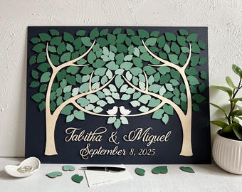 Personalized Wedding Guest Book Alternative: Two Trees, Green Sage Leaves in Fading Effect
