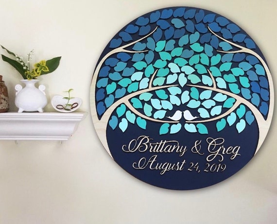 Guest book alternative round wood sign blue ombre guestbook with personalized names and date, two families come as one, family trees join Il_570xn
