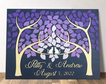 Purple wedding guest book alternative two trees and two cats, wooden customized sign in for wedding
