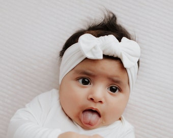 White Baby Headband Ultra Soft Newborn Headband and Knotted Bow