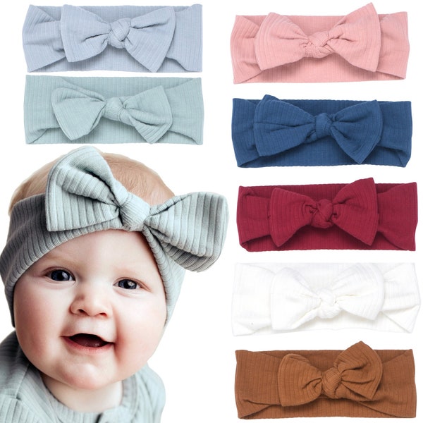 THREE LITTLE TOTS Handmade Ribbed Knot Headbands Hair Bows Elastics Soft Bands Headwraps for Newborns Infants Toddlers