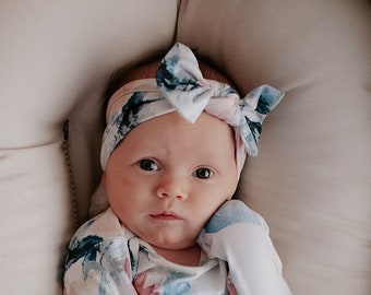 Watercolor Flower Floral Ultra Soft Newborn Headband and Knotted Bow