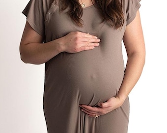 PLUS SIZE - Three Little Tots Ribbed Cocoa Brown Labor and Delivery Nursing Hospital Gown- Pajamas & Breastfeeding