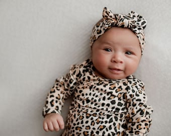 Leopard Newborn Baby Knotted Gown - knotted baby gown, infant gown, newborn baby clothes, baby shower gift, bringing home baby,  baby gown