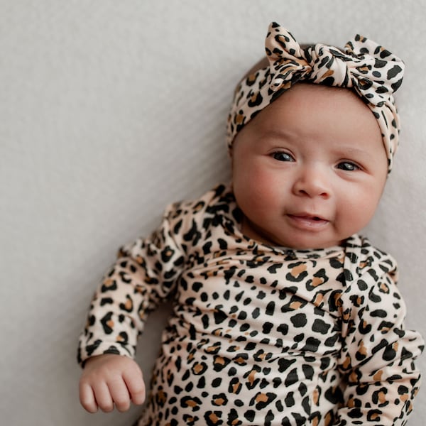 Leopard Newborn Baby Knotted Gown - knotted baby gown, infant gown, newborn baby clothes, baby shower gift, bringing home baby,  baby gown