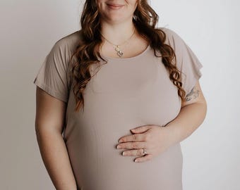 PLUS SIZE - Three Little Tots Harbor Mist Gray Taupe Labor and Delivery Nursing Hospital Gown- Pajamas & Breastfeeding