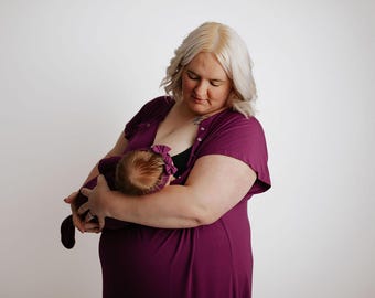PLUS SIZE - Three Little Tots Plum Purple Labor and Delivery Nursing Hospital Gown- Pajamas & Breastfeeding