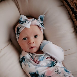 Watercolor Flower Floral Ultra Soft Newborn Headband and Knotted Bow image 3