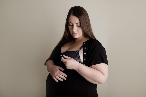 PLUS SIZE - Three Little Tots Ribbed Black Labor and Delivery Nursing Hospital Gown- Pajamas & Breastfeeding
