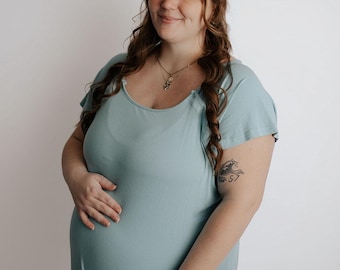 PLUS SIZE- Three Little Tots Ribbed Baby Blue Labor and Delivery Nursing Hospital Gown- Pajamas & Breastfeeding