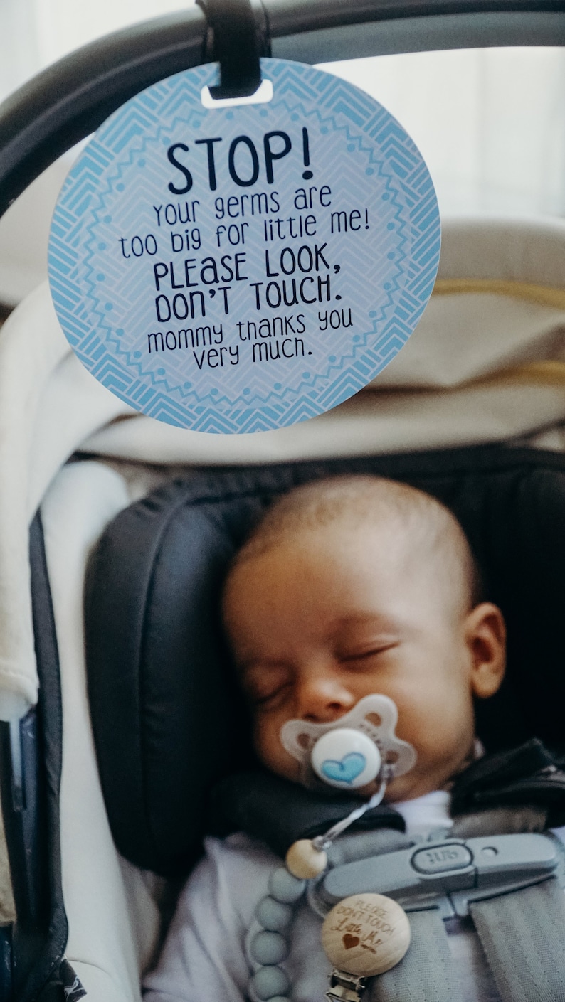Light Blue Stop Tag Stop Please Look Don't Touch Blue Preemie Sign, Newborn CPSIA Safety Tested no touching tag for baby carseat image 4