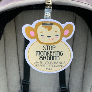 Three Little Tots 'Wash Your Hands' Baby Car Seat Sign - Monkey Design Safety Tag For Stroller & Crib - View #3
