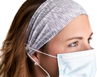 Heather Gray Headband with Buttons Savior Bands - Headbands for Masks for Nurses, doctors, teachers