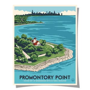 May include: A vintage-style travel poster of Promontory Point in Chicago. The poster features a scenic view of the lakefront with a building, trees, and the city skyline in the background. The text "Promontory Point" is displayed at the bottom.