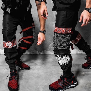 PROTECTED BY INTENT V1 • Red/Black • Tactical Joggers //Joggers w/ Pocket//Streetwear Clothing/Festival Clothing /With Straps