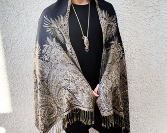 Spiral Series // Festival Shawl // Festival Scarf // Infinity Scarf // Black/Gold/Tan // Unisex