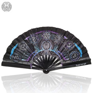 HARMONY HEALS • Purple/Blue • Double-sided XL Bamboo Folding Fan w/ Carrier Bag / Hand Fan Rave / Hand Fan / Festival Fan / Hand Fan Folding