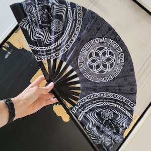 FOREVER EVOLVING Scarab • Black/White • Double-sided XL Bamboo Folding Fan / Hand Fan Rave / Hand Fan / Hand Fan Folding
