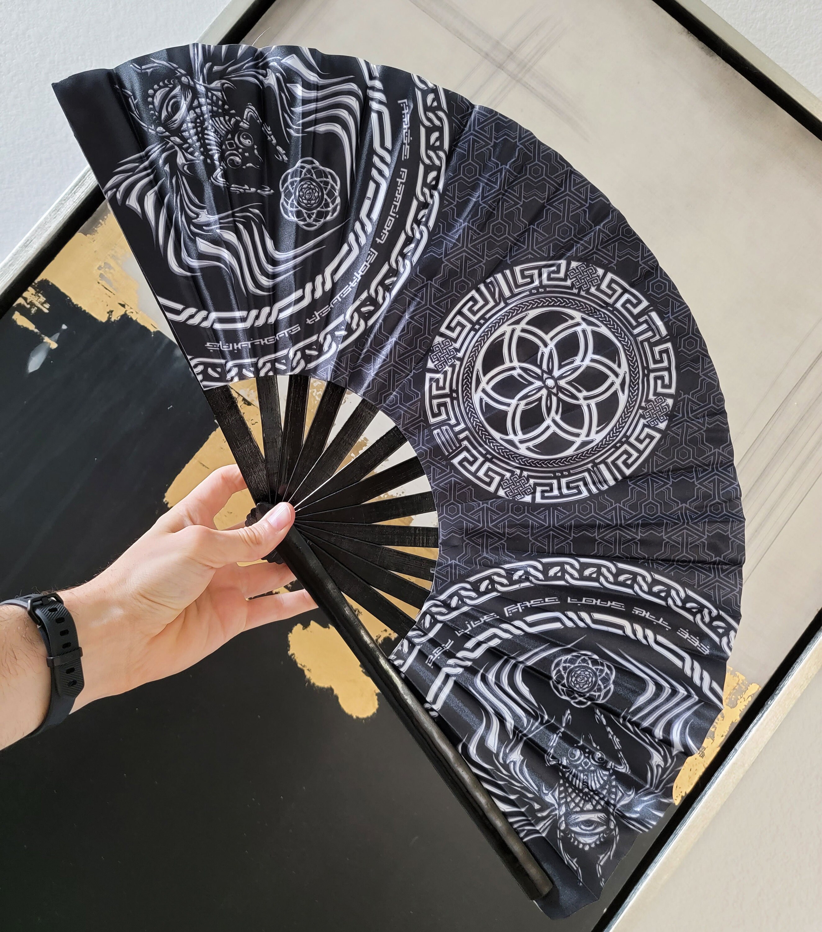 FOREVER EVOLVING Scarab • Black/White • Double-sided XL Bamboo Folding Fan / Hand Fan Rave / Hand Fan / Hand Fan Folding