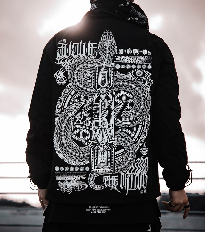 EVOLVE The MIND Waterproof Button-Up Windbreaker AR Activated // Sacred Geometry Jacket // Festival Apparel // Streetwear // Unisex / image 5