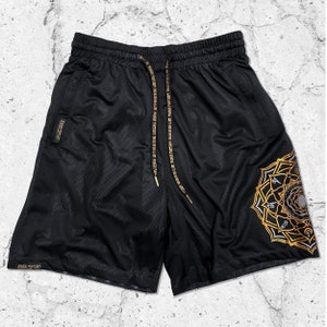 MANTRA V2 • Black/Gold • Reversible Activewear Shorts // Festival Apparel // Wearable Art // Streetwear // Unisex // Men // Women
