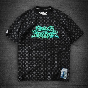 May include: Black t-shirt with an all-over pattern of silver symbols. The shirt features a large, stylized teal and green graphic with the text "SCARS OF THE SOUL". A small patch is visible on the lower right.