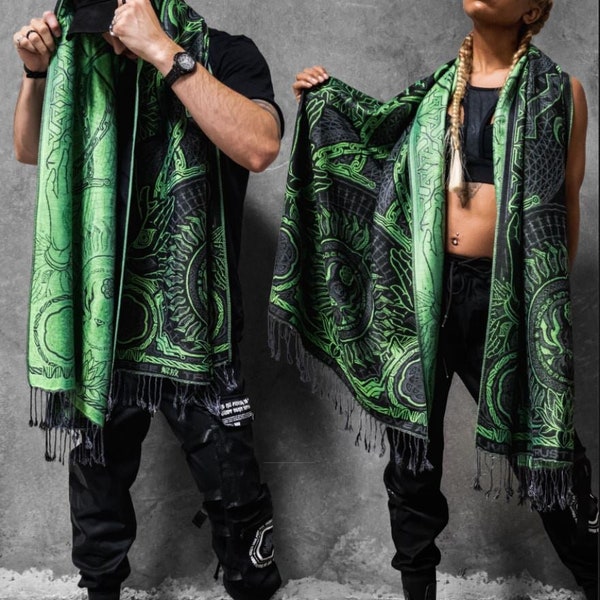 PROTECTED By INTENT • UV-Reactive Neon Green • Festival Shawl / Festival Pashmina / Festival Scarf /