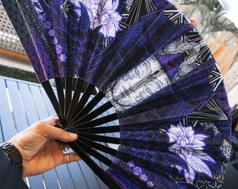 WOUNDS To WISDOM • PURPLE • Double-sided Xl Bamboo Folding Fan w/ Carrier Bag / Hand Fan Rave / Hand Fan / Festival Fan / Hand Fan Folding