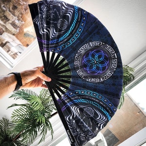 FOREVER EVOLVING Scarab • Purple/Blue • Double-sided XL Bamboo Folding Fan / Hand Fan Rave / Hand Fan / Hand Fan Folding