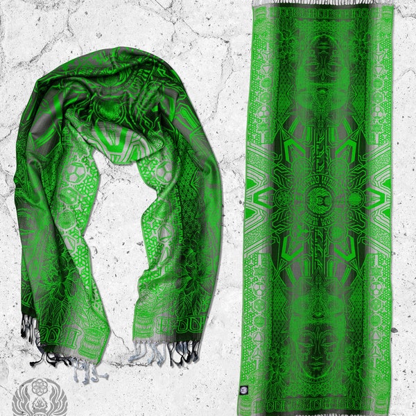 WOUNDS To WISDOM • Yantrart x Rage Nation • UV Reactive Green Shawl /Scarf/ Festival Pashmina / Festival Shawl / Festival Scarf / Pashmina