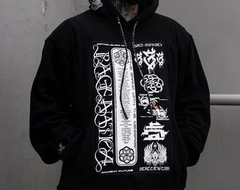 May include: Black hooded sweatshirt with a graphic print featuring the text "PAGENATICA!" and "ANCIENT FUTURE" along with other graphic elements. The text "2013-INFINITY" is also visible on the sweatshirt.