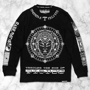 May include: Black long-sleeve shirt with a white graphic of a Buddha face surrounded by geometric shapes. The text "Through the Eye of Wisdom" is printed below the graphic. The sleeves have white text that reads "Rage Nation" and "See The Future".