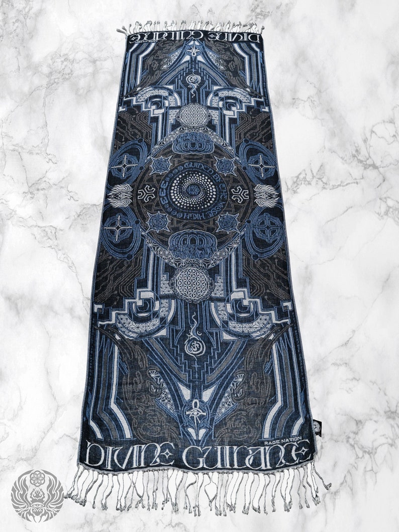 May include: A blue and gray patterned scarf with a geometric design and the text "DIVINE GUIDANCE" and "RAGE NATION".