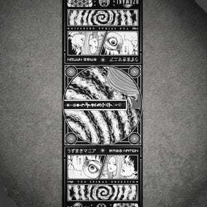 May include: Black and white scarf featuring manga-style illustrations and text. The design includes spiral motifs, panels with characters, and the text "UZUMAKI" and "THE SPIRAL OBSESSION". The scarf has a fringed edge.