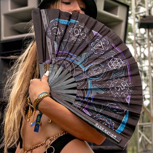 HARMONY HEALS • Purple/Blue • Double-sided XL Bamboo Folding Fan w/ Carrier Bag / Hand Fan Rave / Hand Fan / Festival Fan / Hand Fan Folding