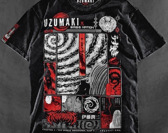 May include: Black graphic t-shirt featuring panels of manga art with red and white accents. The shirt has the word "UZUMAKI" across the top and the phrase "RAGE NATION" below the main graphic. The text "CHAPTER 2: THE SPIRAL OBSESSION, PART 1" is also visible.