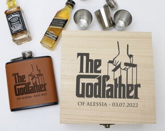 Personalised Leatherette Flask and Printed Timber Keepsake Box Gift for Godparents, Godmother or Godfather