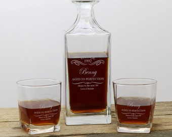 Engraved Whiskey Decanter set with Two Whiskey Glasses - Personalised Birthday Gift 18th, 21st, 30th, 50th, 60th, 70th