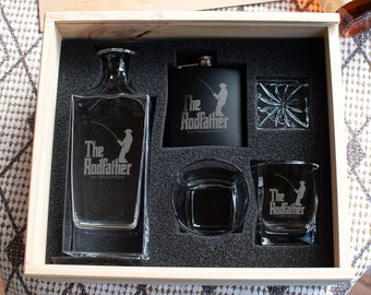 Personalised Decanter Set in Wooden Gift Box with 2 Whiskey Glasses & Black Flask Father's Day Christmas Birthday Anniversary Gift